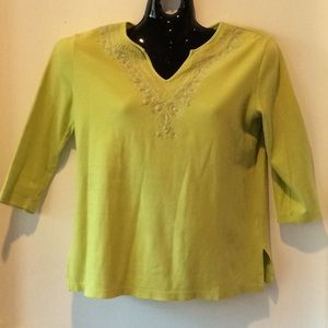 Lemon Green Blouse V-Cut Silvered Embroidered Trim